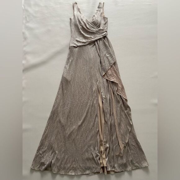 Oleg Cassini Women’s 4 Neck Metallic Sheath Gown with Skirt Slit Formal - Picture 4 of 13